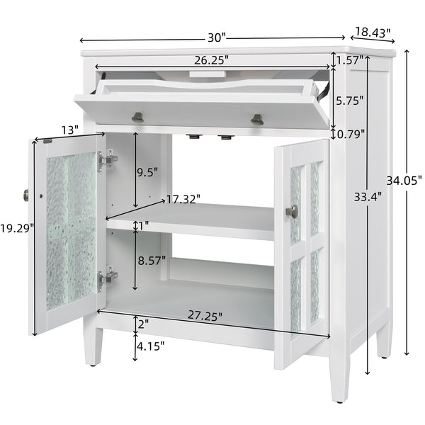 English Elm Christopher Knight Home® - 30" Bathroom Vanity with Ceramic Sink, Solid Wood Legs, Adjustable Shelf, Tip-Out Tray, Soft-Close Hinges, Silver Knobs, Moisture-Resistant Finish White N817P286250W