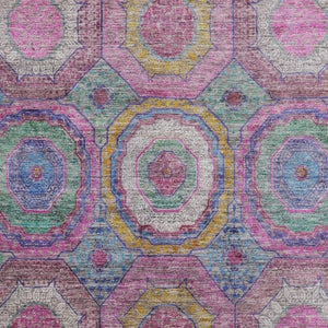 HomeRoots 5' X 8' Pink and Blue Geometric Area Rug - Washable, UV-Protected, Stain Resistant for Modern Homes 716499