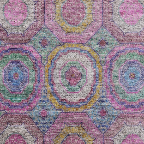 HomeRoots 5' X 8' Pink and Blue Geometric Area Rug - Washable, UV-Protected, Stain Resistant for Modern Homes 716499