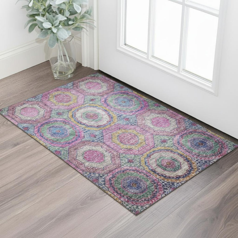 HomeRoots 5' X 8' Pink and Blue Geometric Area Rug - Washable, UV-Protected, Stain Resistant for Modern Homes 716499
