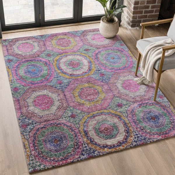 HomeRoots 8' Pink and Blue Geometric Round Rug – Washable, UV-Protected, Non-Slip for Modern Homes and Patios 716500