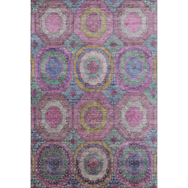 HomeRoots 8' Pink and Blue Geometric Round Rug – Washable, UV-Protected, Non-Slip for Modern Homes and Patios 716500