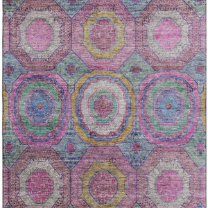 HomeRoots 8' Pink and Blue Geometric Round Rug – Washable, UV-Protected, Non-Slip for Modern Homes and Patios 716500