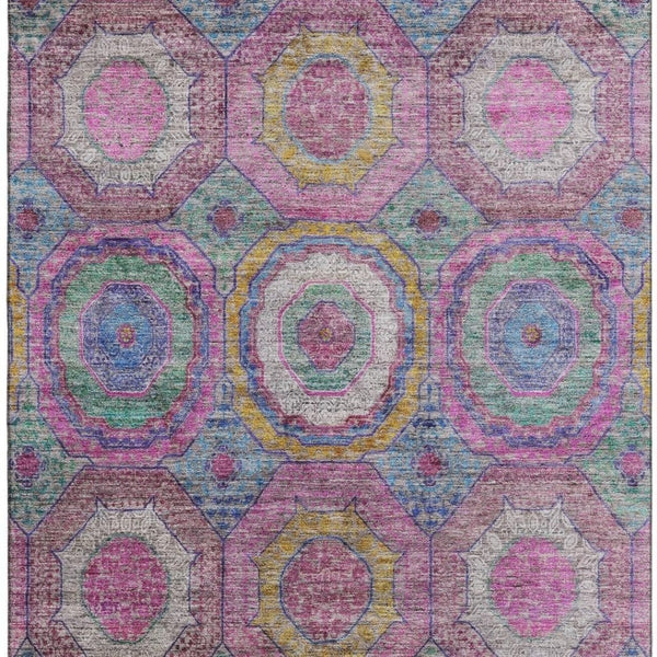 HomeRoots 8' Pink and Blue Geometric Round Rug – Washable, UV-Protected, Non-Slip for Modern Homes and Patios 716500