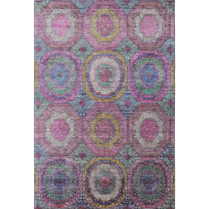 HomeRoots 8' Pink and Blue Geometric Round Rug – Washable, UV-Protected, Non-Slip for Modern Homes and Patios 716500