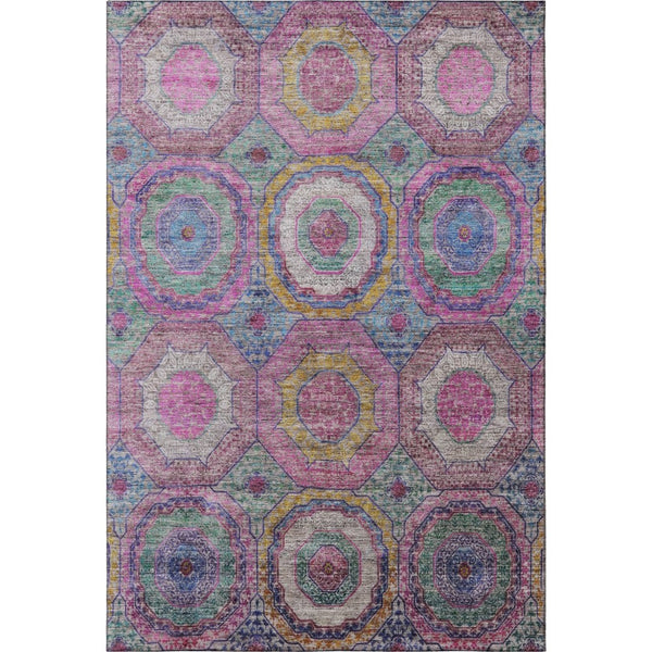 HomeRoots 8' Pink and Blue Geometric Round Rug – Washable, UV-Protected, Non-Slip for Modern Homes and Patios 716500