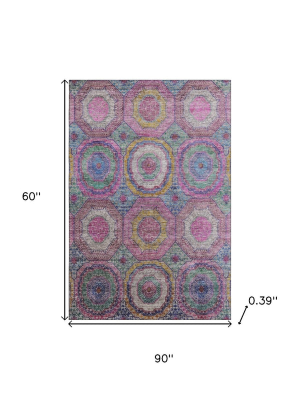 HomeRoots 8' Pink and Blue Geometric Round Rug – Washable, UV-Protected, Non-Slip for Modern Homes and Patios 716500