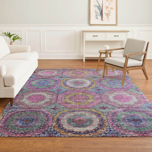 HomeRoots 8' Pink and Blue Geometric Round Rug – Washable, UV-Protected, Non-Slip for Modern Homes and Patios 716500