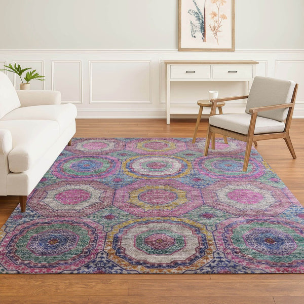 HomeRoots 8' Pink and Blue Geometric Round Rug – Washable, UV-Protected, Non-Slip for Modern Homes and Patios 716500