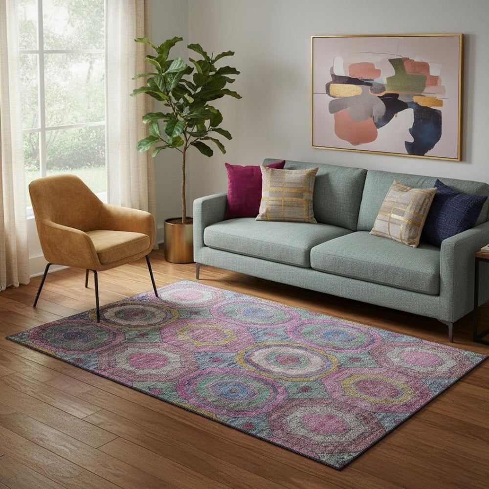HomeRoots 8' Pink and Blue Geometric Round Rug – Washable, UV-Protected, Non-Slip for Modern Homes and Patios 716500