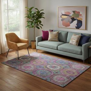 HomeRoots 8' Pink and Blue Geometric Round Rug – Washable, UV-Protected, Non-Slip for Modern Homes and Patios 716500