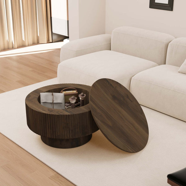 English Elm 29.53 Inch Round Mdf Coffee Table Sculptural Grooved Silhouette with Hidden Storage W2189P320663