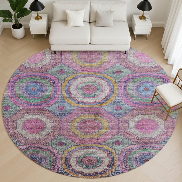 HomeRoots 8' X 10' Vibrant Pink and Blue Geometric Washable Area Rug with UV Protection for Kids & Pets 716501