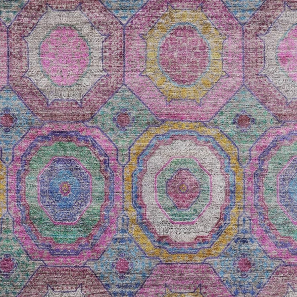 HomeRoots 9' X 12' Pink And Blue Geometric Washable Area Rug with UV Protection for Stylish, Durable Spaces 716502