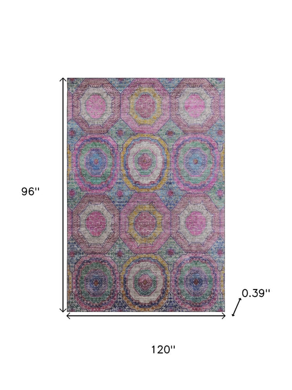 HomeRoots 9' X 12' Pink And Blue Geometric Washable Area Rug with UV Protection for Stylish, Durable Spaces 716502