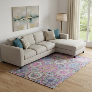 HomeRoots 9' X 12' Pink And Blue Geometric Washable Area Rug with UV Protection for Stylish, Durable Spaces 716502