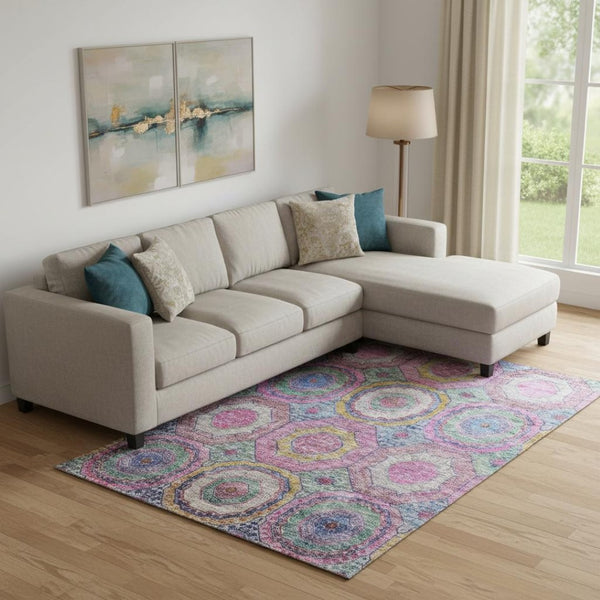 HomeRoots 9' X 12' Pink And Blue Geometric Washable Area Rug with UV Protection for Stylish, Durable Spaces 716502