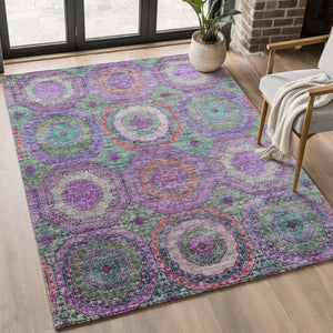 HomeRoots 5' X 8' Vibrant Purple and Lime Green Geometric Washable Area Rug with UV Protection & Durability 716505