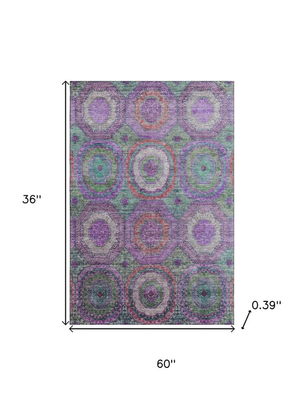 HomeRoots 5' X 8' Vibrant Purple and Lime Green Geometric Washable Area Rug with UV Protection & Durability 716505