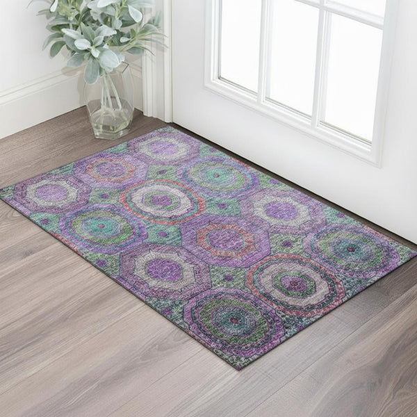 HomeRoots 5' X 8' Vibrant Purple and Lime Green Geometric Washable Area Rug with UV Protection & Durability 716505