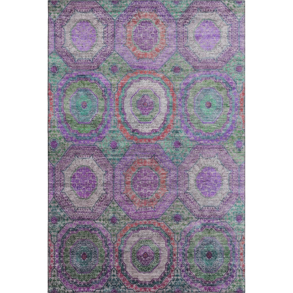 HomeRoots 8' Vibrant Purple and Lime Green Washable Geometric Rug with UV Protection for Stylish Homes 716506