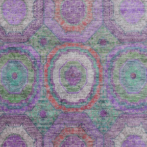 HomeRoots 8' Vibrant Purple and Lime Green Washable Geometric Rug with UV Protection for Stylish Homes 716506