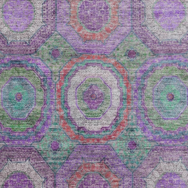 HomeRoots 8' Vibrant Purple and Lime Green Washable Geometric Rug with UV Protection for Stylish Homes 716506