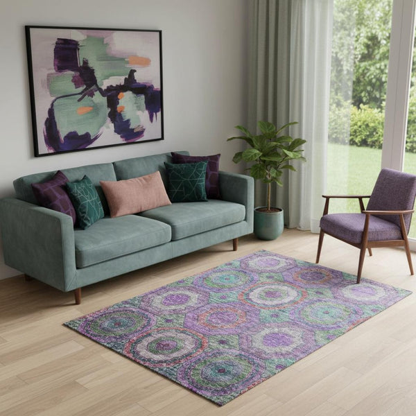 HomeRoots 8' Vibrant Purple and Lime Green Washable Geometric Rug with UV Protection for Stylish Homes 716506