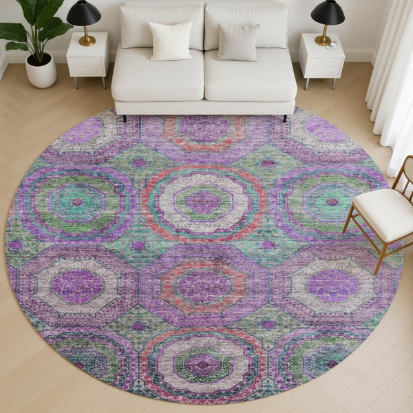 HomeRoots 8' X 10' Vibrant Purple & Lime Green Geometric Washable Area Rug - UV Protected, Non-Slip Backing! 716507