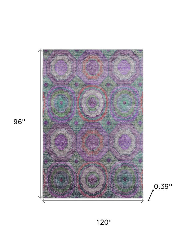 HomeRoots 9' X 12' Vibrant Purple & Lime Green Geometric Area Rug – Washable, UV Protected, Kid & Pet Friendly! 716508