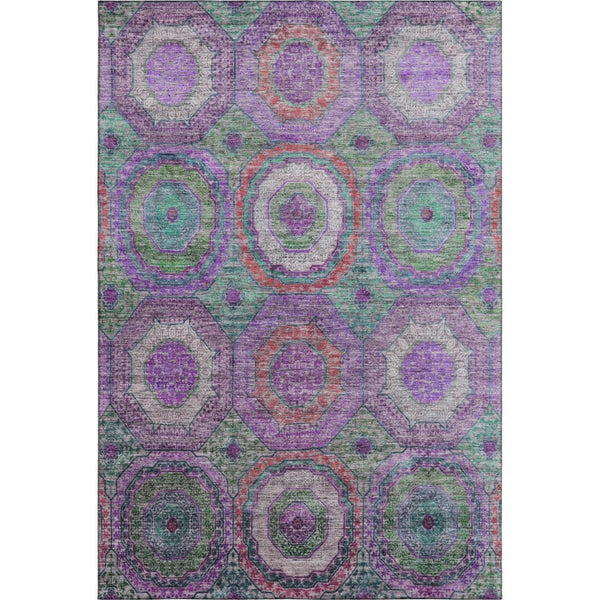 HomeRoots 10' X 14' Geometric Purple and Lime Green Area Rug – Washable, UV Protected, Modern & Durable Design 716509