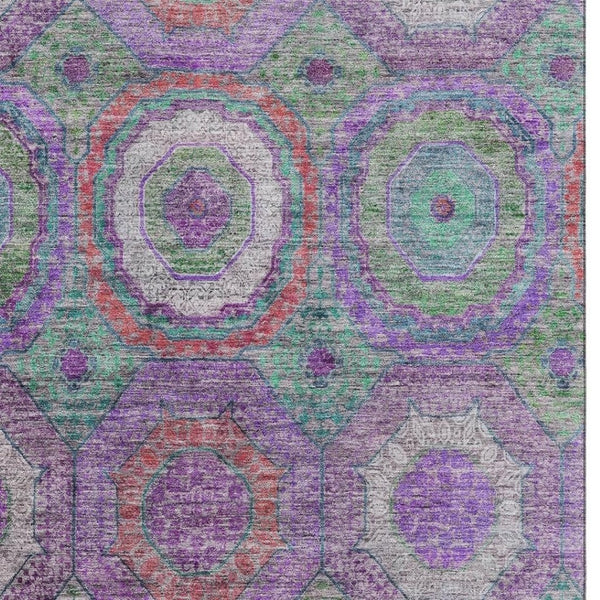 HomeRoots 10' X 14' Geometric Purple and Lime Green Area Rug – Washable, UV Protected, Modern & Durable Design 716509