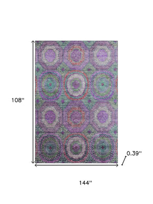 HomeRoots 10' X 14' Geometric Purple and Lime Green Area Rug – Washable, UV Protected, Modern & Durable Design 716509