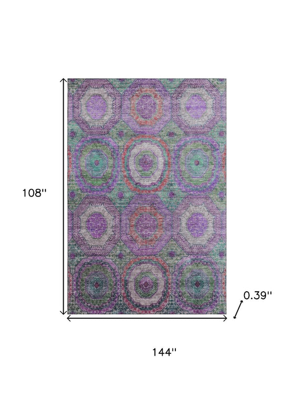 HomeRoots 10' X 14' Geometric Purple and Lime Green Area Rug – Washable, UV Protected, Modern & Durable Design 716509