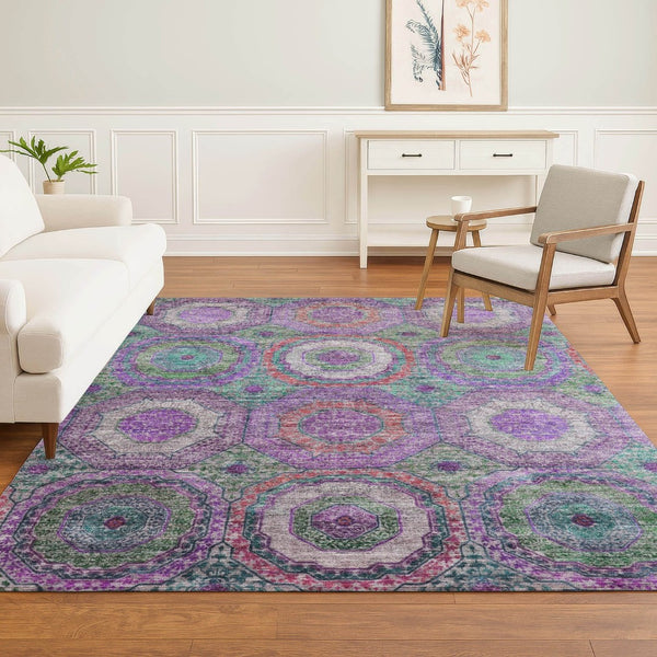 HomeRoots 10' X 14' Geometric Purple and Lime Green Area Rug – Washable, UV Protected, Modern & Durable Design 716509