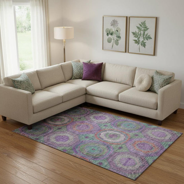 HomeRoots 10' X 14' Geometric Purple and Lime Green Area Rug – Washable, UV Protected, Modern & Durable Design 716509