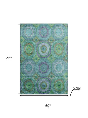 HomeRoots 5' X 8' Teal And Lime Green Geometric Area Rug - Durable, Washable, UV-Protected for Busy Homes 716511