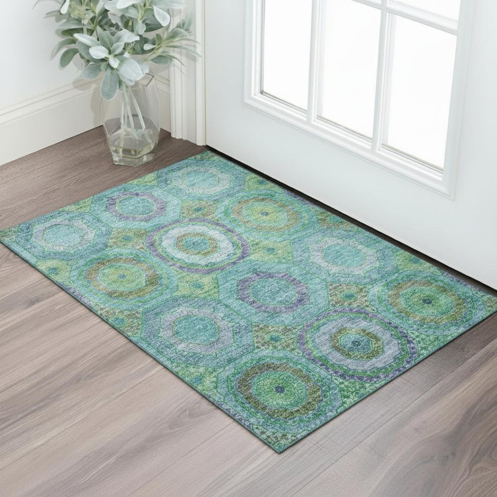 HomeRoots 5' X 8' Teal And Lime Green Geometric Area Rug - Durable, Washable, UV-Protected for Busy Homes 716511