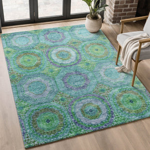 HomeRoots 8' Vibrant Teal and Lime Green Geometric Washable Round Rug with UV Protection for Active Homes 716512