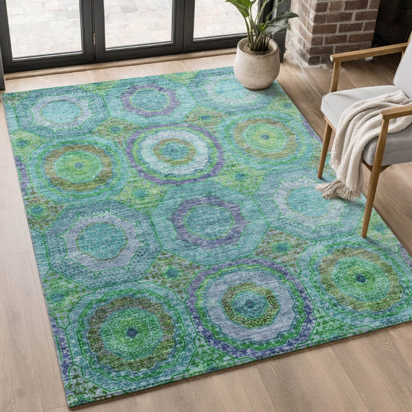 HomeRoots 8' Vibrant Teal and Lime Green Geometric Washable Round Rug with UV Protection for Active Homes 716512