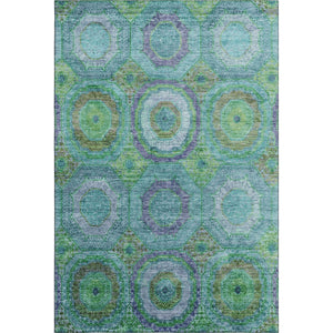 HomeRoots 8' Vibrant Teal and Lime Green Geometric Washable Round Rug with UV Protection for Active Homes 716512