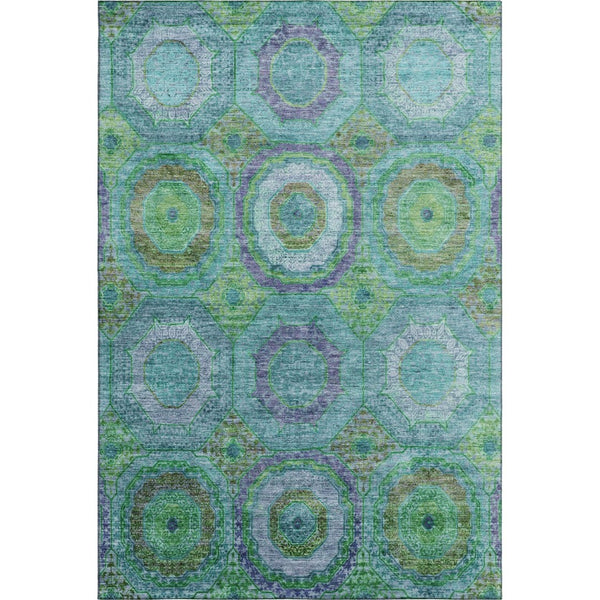 HomeRoots 8' Vibrant Teal and Lime Green Geometric Washable Round Rug with UV Protection for Active Homes 716512