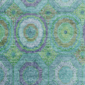 HomeRoots 8' Vibrant Teal and Lime Green Geometric Washable Round Rug with UV Protection for Active Homes 716512