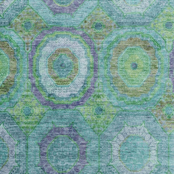 HomeRoots 8' Vibrant Teal and Lime Green Geometric Washable Round Rug with UV Protection for Active Homes 716512