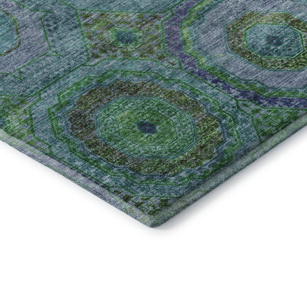 HomeRoots 8' Vibrant Teal and Lime Green Geometric Washable Round Rug with UV Protection for Active Homes 716512