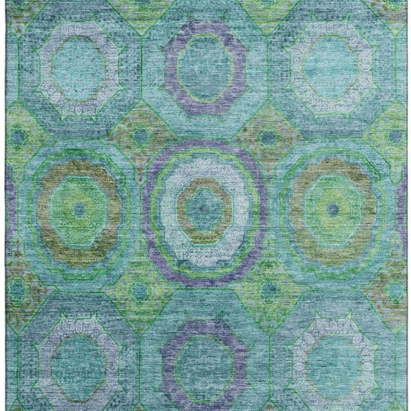HomeRoots 8' Vibrant Teal and Lime Green Geometric Washable Round Rug with UV Protection for Active Homes 716512