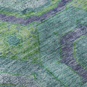 HomeRoots 8' Vibrant Teal and Lime Green Geometric Washable Round Rug with UV Protection for Active Homes 716512