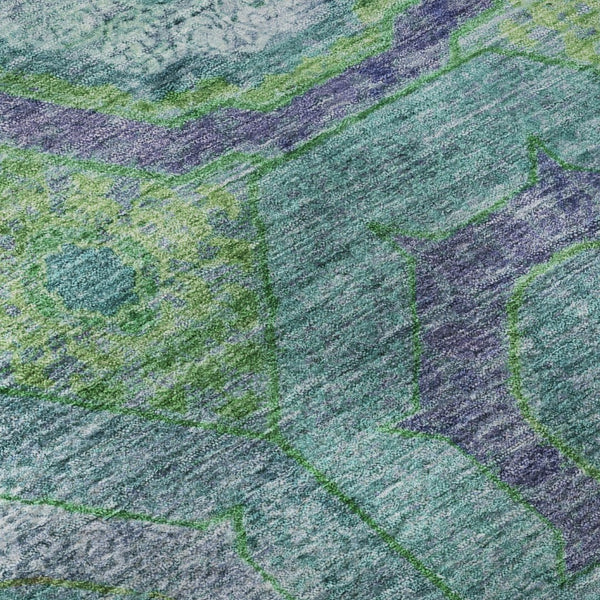 HomeRoots 8' Vibrant Teal and Lime Green Geometric Washable Round Rug with UV Protection for Active Homes 716512