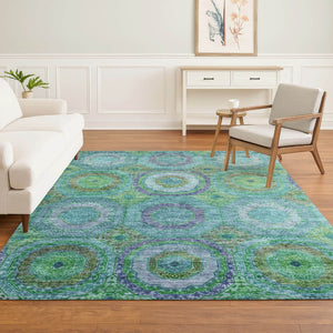 HomeRoots 8' Vibrant Teal and Lime Green Geometric Washable Round Rug with UV Protection for Active Homes 716512