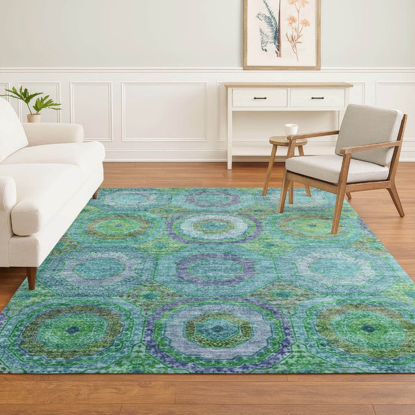 HomeRoots 8' Vibrant Teal and Lime Green Geometric Washable Round Rug with UV Protection for Active Homes 716512